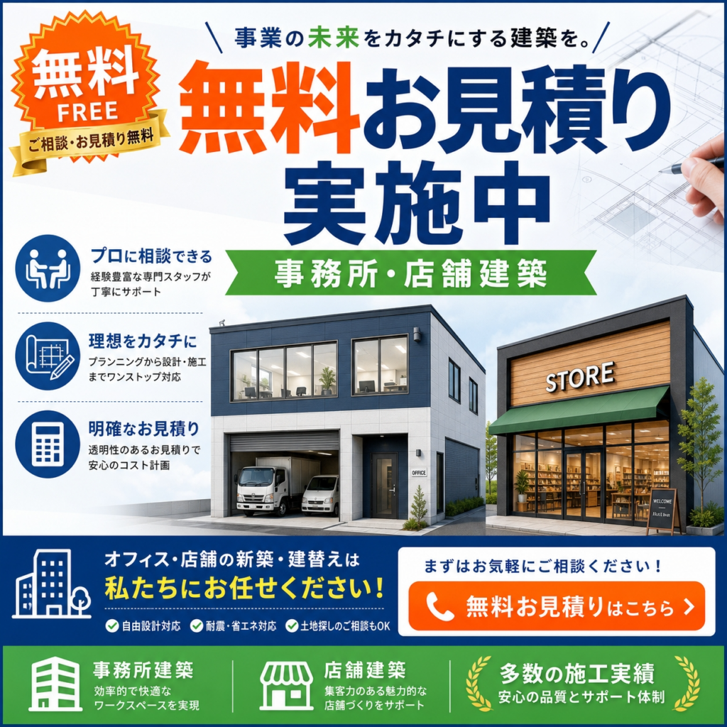 建築費に自信あり！事務所や店舗建築の無料お見積り実施中！